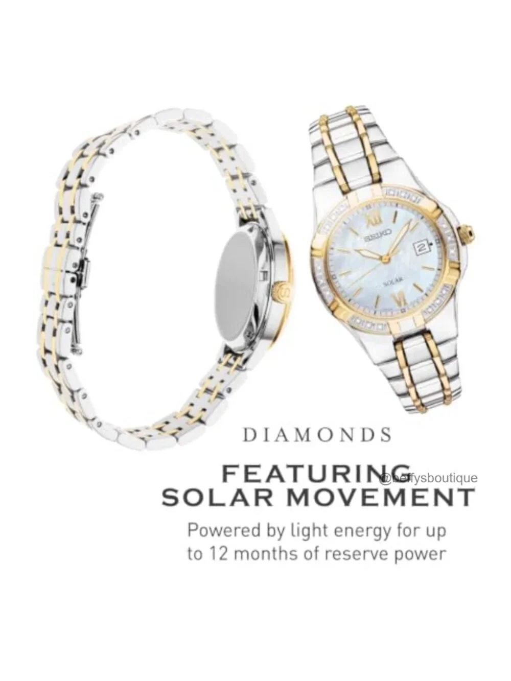 Solar Powered Women's Watch - Diamond Accents, Mother-of-Pearl Dial, Two-Tone